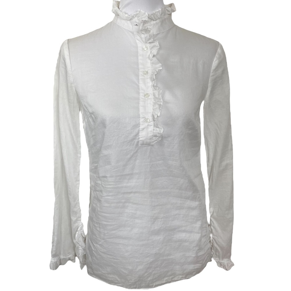TORY BURCH White Cotton Ruffle Front Mock Neck Blouse
